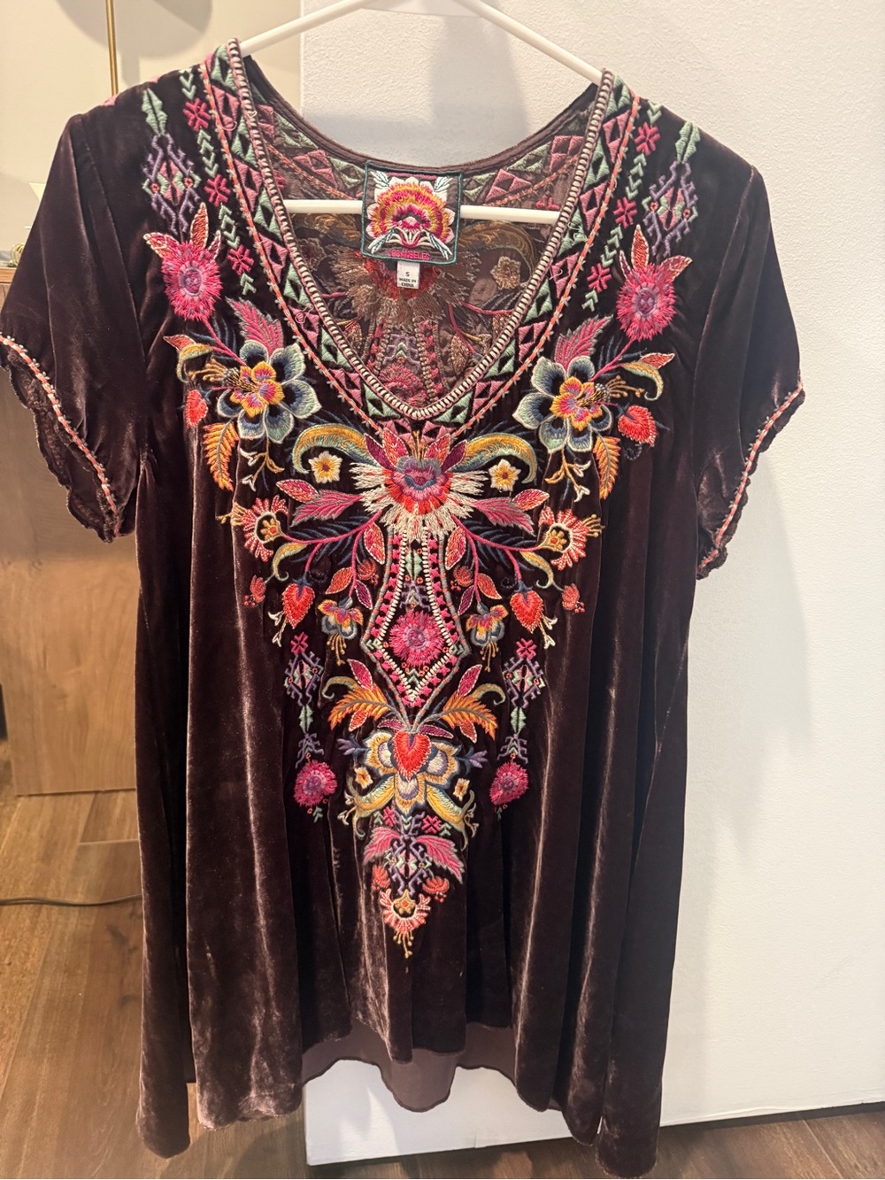 Johnny Was Brown Velvet Embroidered V-Neck Tunic with Multicolor Floral Detail